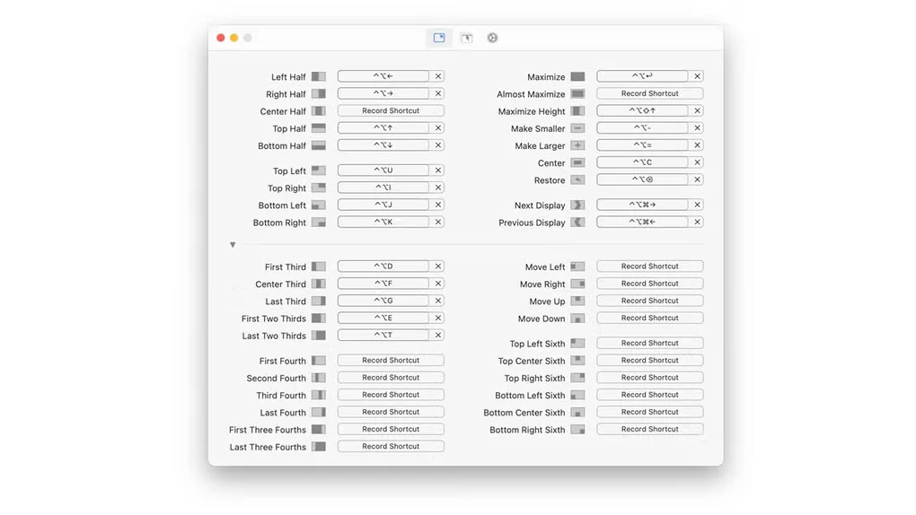 Rectangle's older Mac shortcut-settings window with controls for halves, thirds, quarters and moving windows between displays.