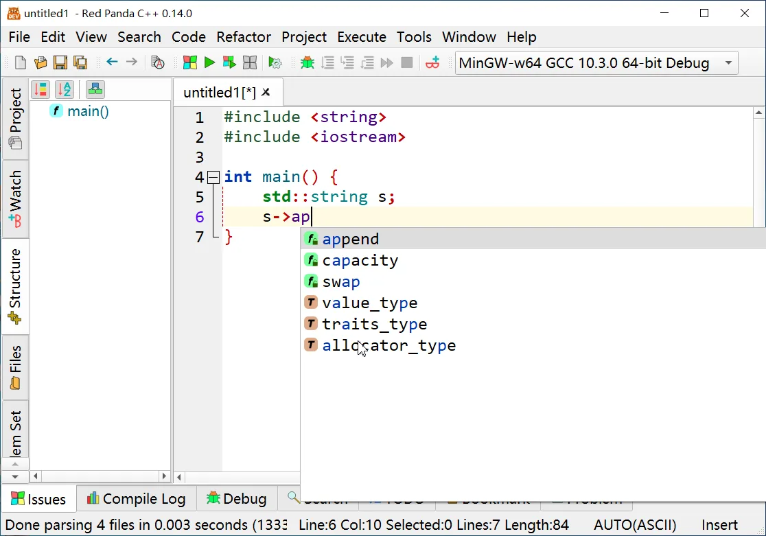 Red Panda C++ 0.14.0 on Windows showing C++ source code, a code-completion menu and the project sidebar.
