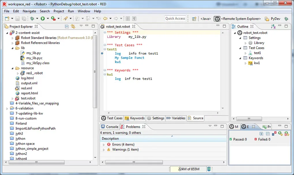 RED on Windows showing a Robot Framework source file, Project Explorer, Outline and Problems panels