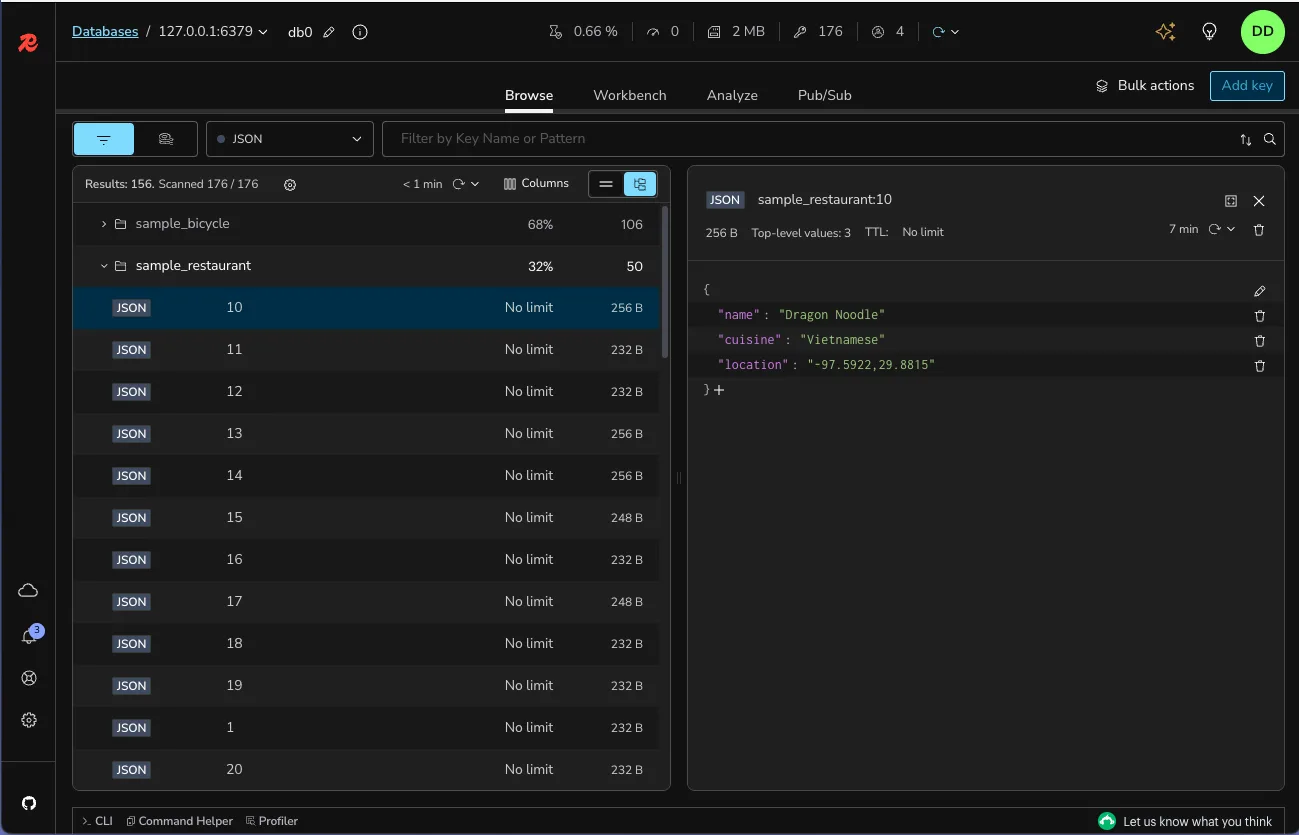 Redis Insight Browser showing a tree of JSON keys and the selected sample restaurant record