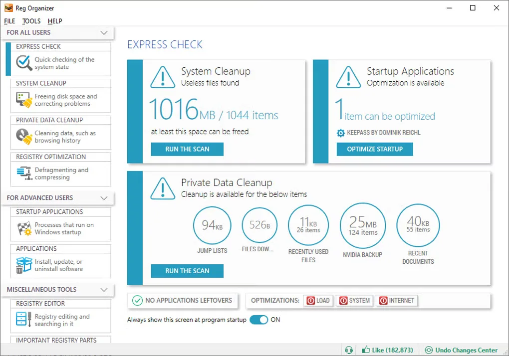 Reg Organizer Express Check dashboard showing system cleanup, startup applications, private data cleanup, and registry tools