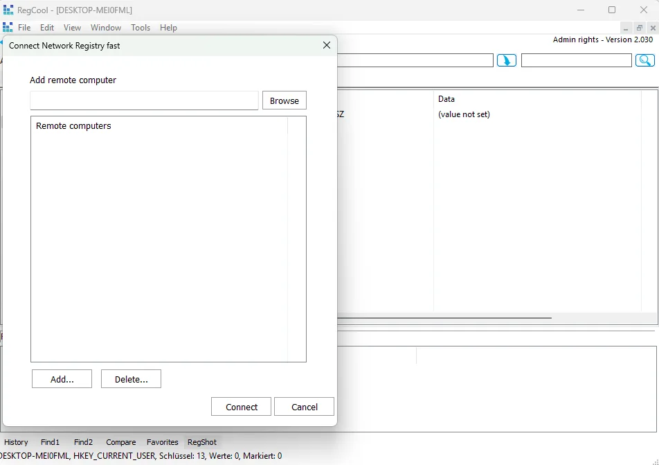 RegCool publisher screenshot of the Connect Network Registry fast dialog over the registry editor; older interface labeled Version 2.030.