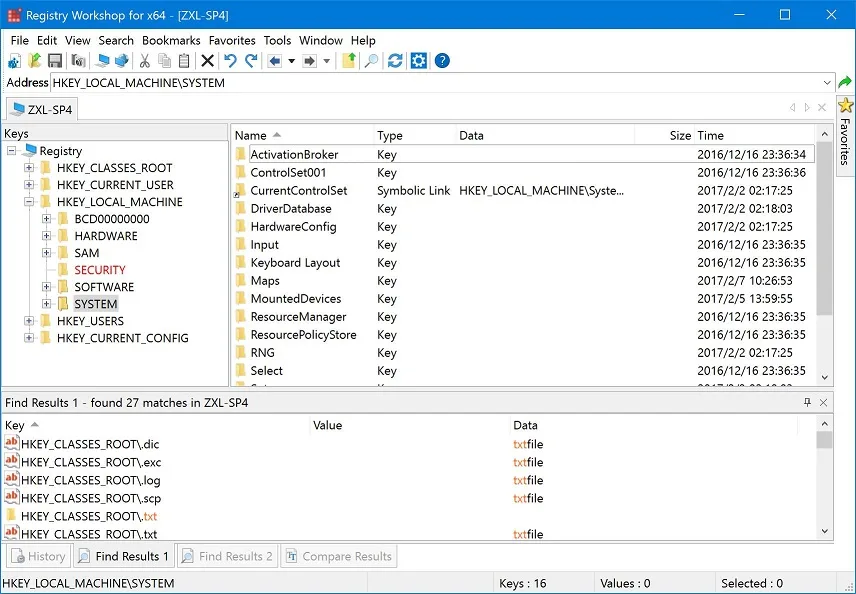 Registry Workshop showing the Windows registry key tree, SYSTEM key values and a docked Find Results panel.