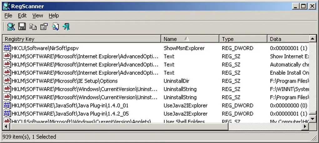 RegScanner classic Windows window showing Registry search results with Registry Key, Name, Type and Data columns