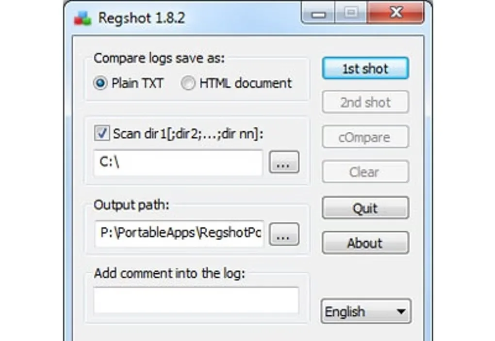 Regshot 1.8.2 Windows interface showing snapshot comparison, TXT or HTML reports, folder scanning and output controls; older than the 1.9.0 download.