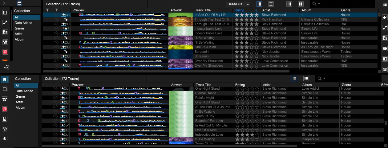 rekordbox 7 library and sub-browser showing stacked track lists, preview waveforms, artwork and metadata columns