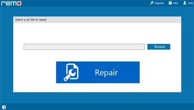 Publisher screenshot of Remo Repair RAR showing the RAR file selector, Browse button and Repair control