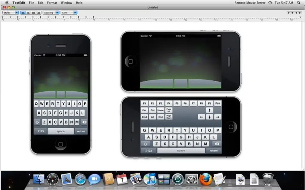 Historical Remote Mouse gallery image showing phone touchpad and keyboard controls over a Mac desktop.