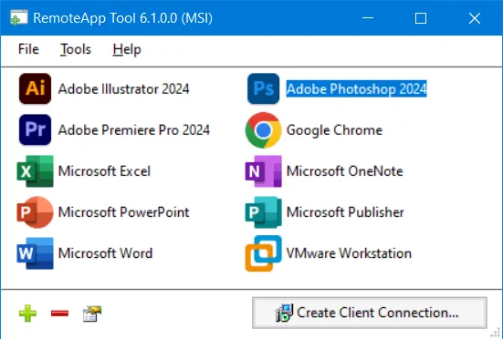 RemoteApp Tool 6.1.0.0 showing configured applications and the Create Client Connection button.