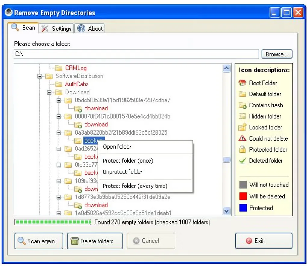Remove Empty Directories scan results with folder tree, Protect folder menu and deletion-status legend.