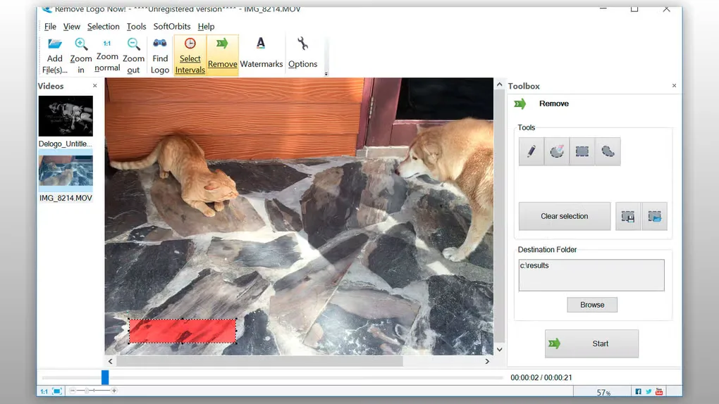 Remove Logo Now on Windows with a red selected region in a video preview, file list and removal toolbox