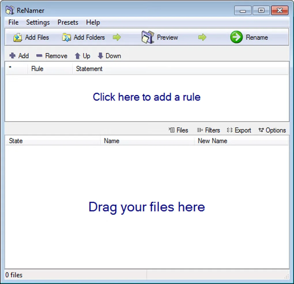 ReNamer Windows interface with Add Files, Add Folders, Preview and Rename controls above empty rule and file lists
