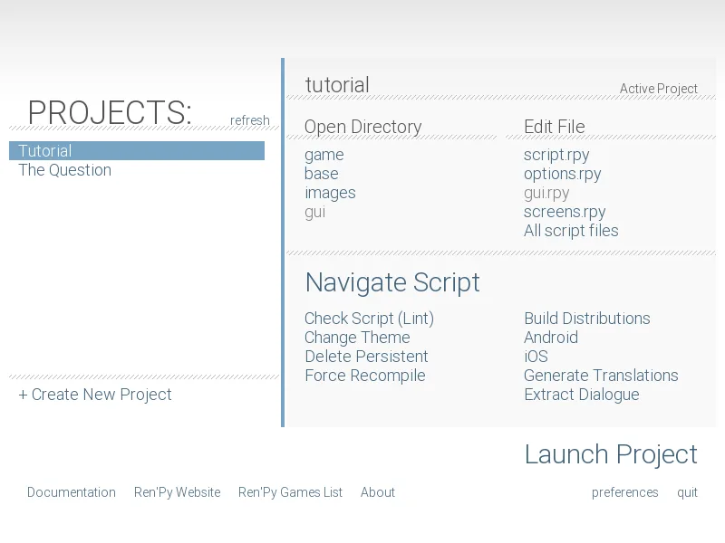 Ren'Py documentation launcher screenshot showing Tutorial and The Question projects, script files and Launch Project controls