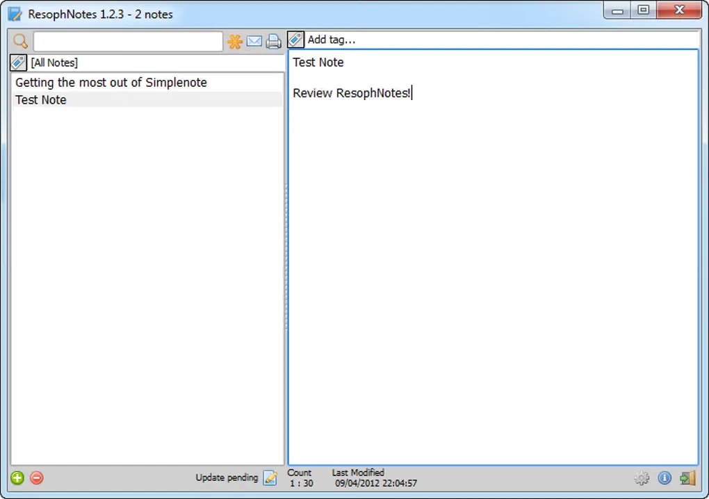 ResophNotes 1.2.3 historical Windows interface showing a searchable note list, tag field and Test Note editor.