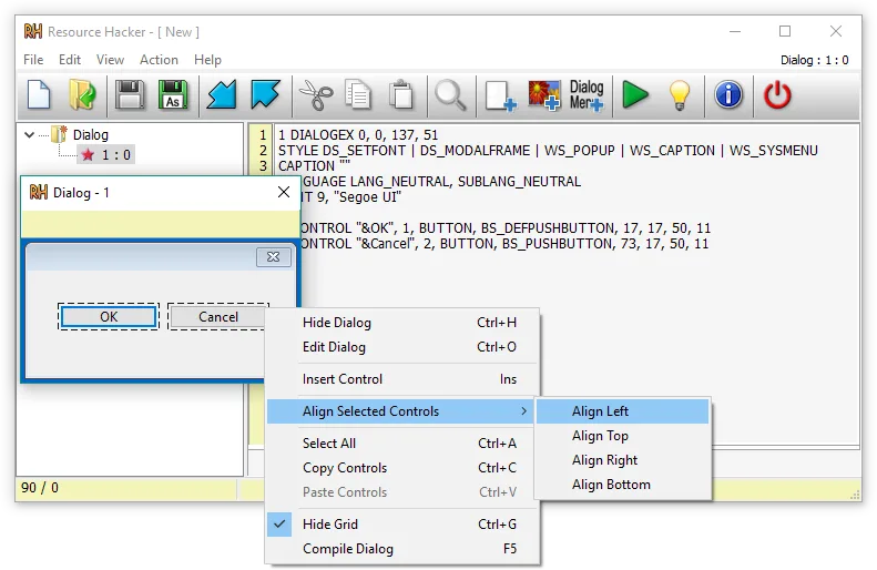 Resource Hacker showing a dialog resource script, a dialog preview with OK and Cancel buttons, and the Align Selected Controls menu.