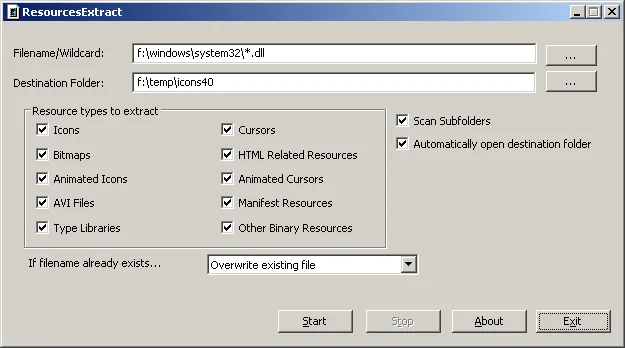ResourcesExtract window with source wildcard, destination folder, resource-type checkboxes and subfolder scanning options