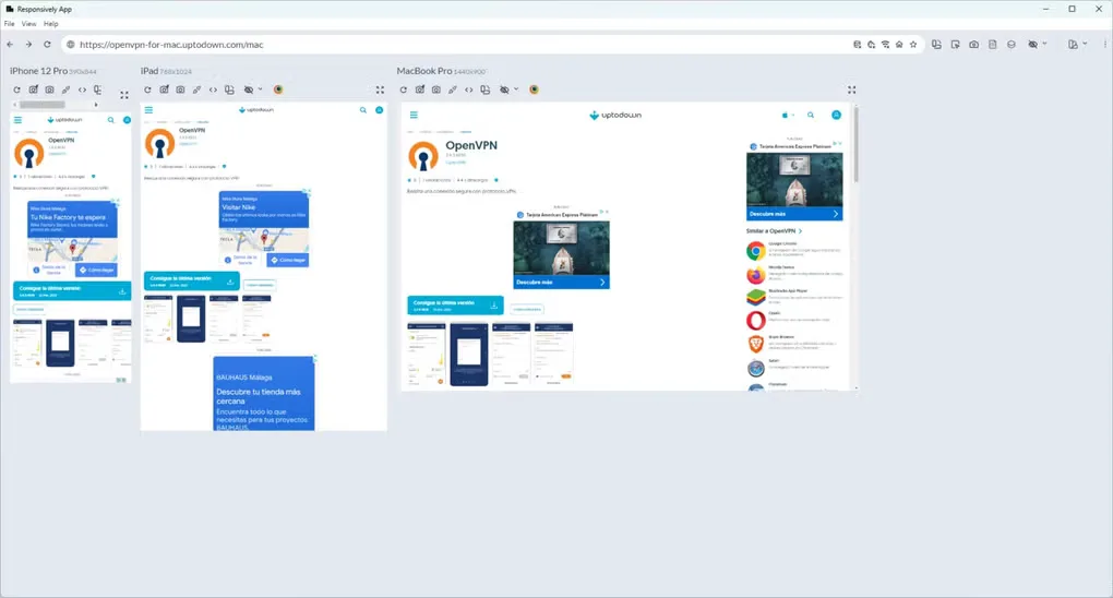 Responsively App on Windows showing the same website in iPhone, iPad and MacBook-sized previews side by side
