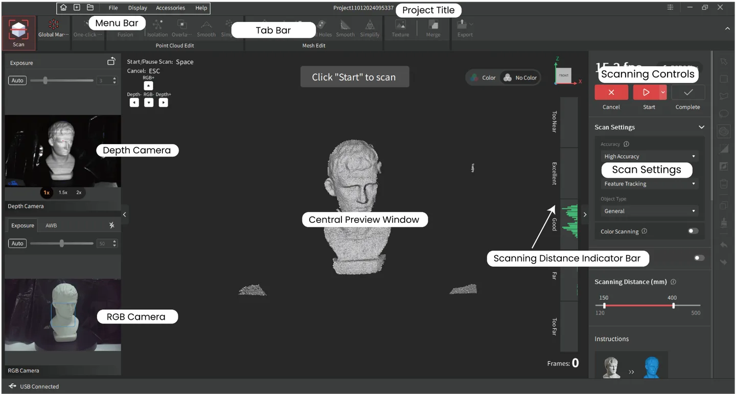 Publisher-annotated Revo Scan 5 PC project interface with a bust point cloud, depth and RGB camera previews, scan controls and distance indicator.