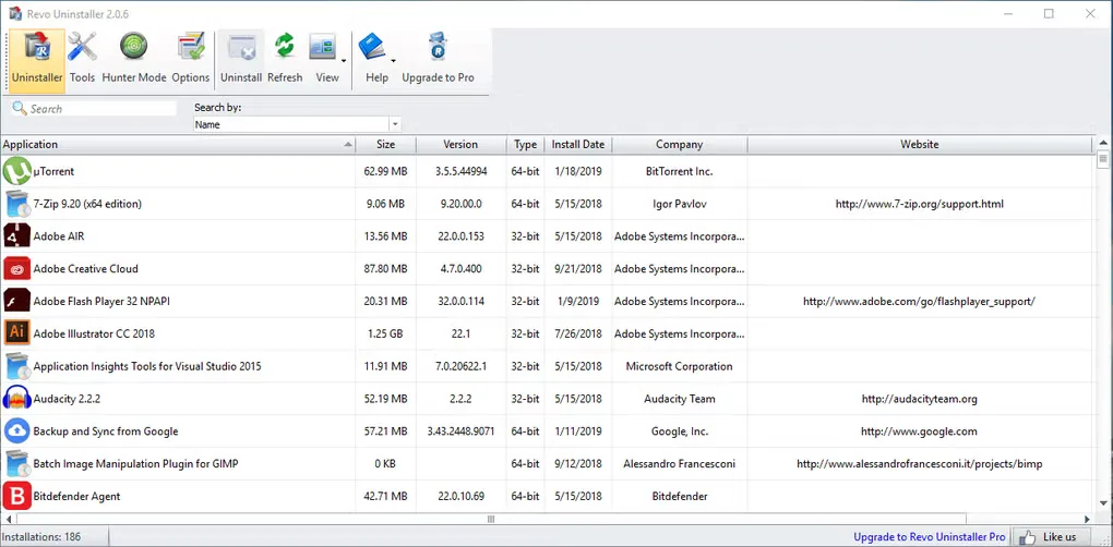 Revo Uninstaller Free 2.0.6 on Windows showing its installed-program list and toolbar (older interface)