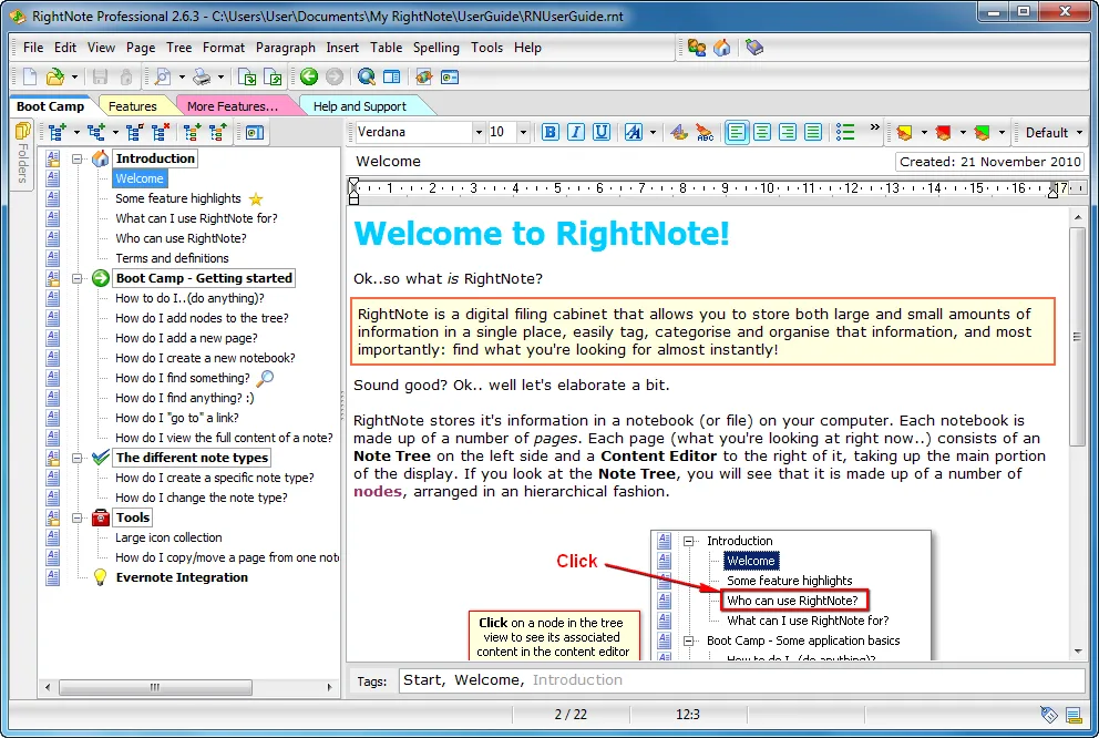 Historical RightNote Professional 2.6.3 Windows interface showing page tabs, a hierarchical note tree and a formatted Welcome help note