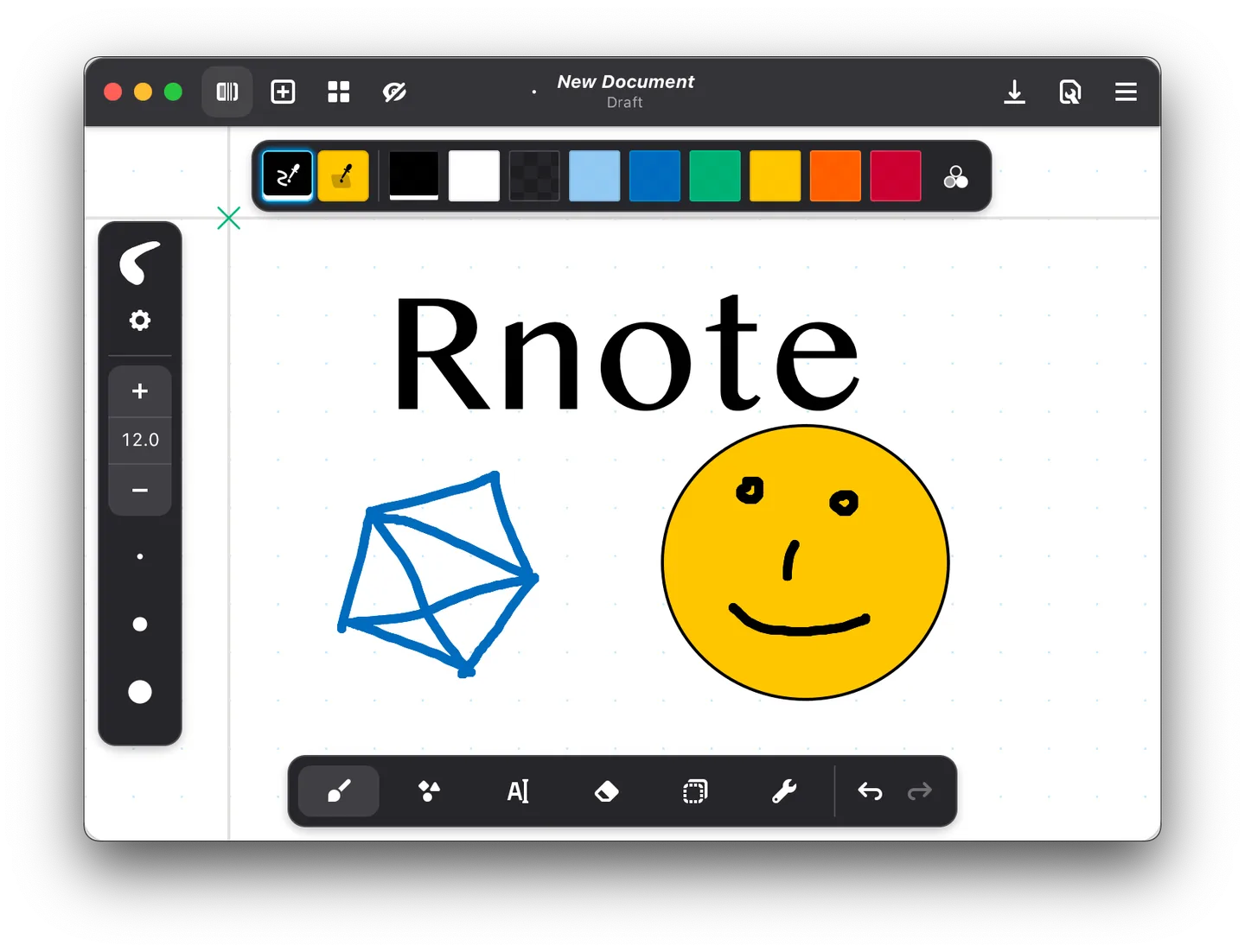 Rnote on macOS with native window controls, pen colors, stroke sizes, typed text and drawings on a dotted canvas