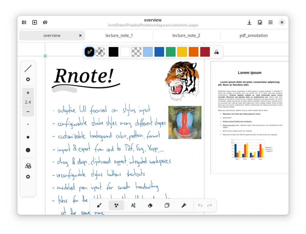 Upstream Rnote overview showing handwritten notes, document tabs, color tools and imported pictures; not a macOS-specific capture