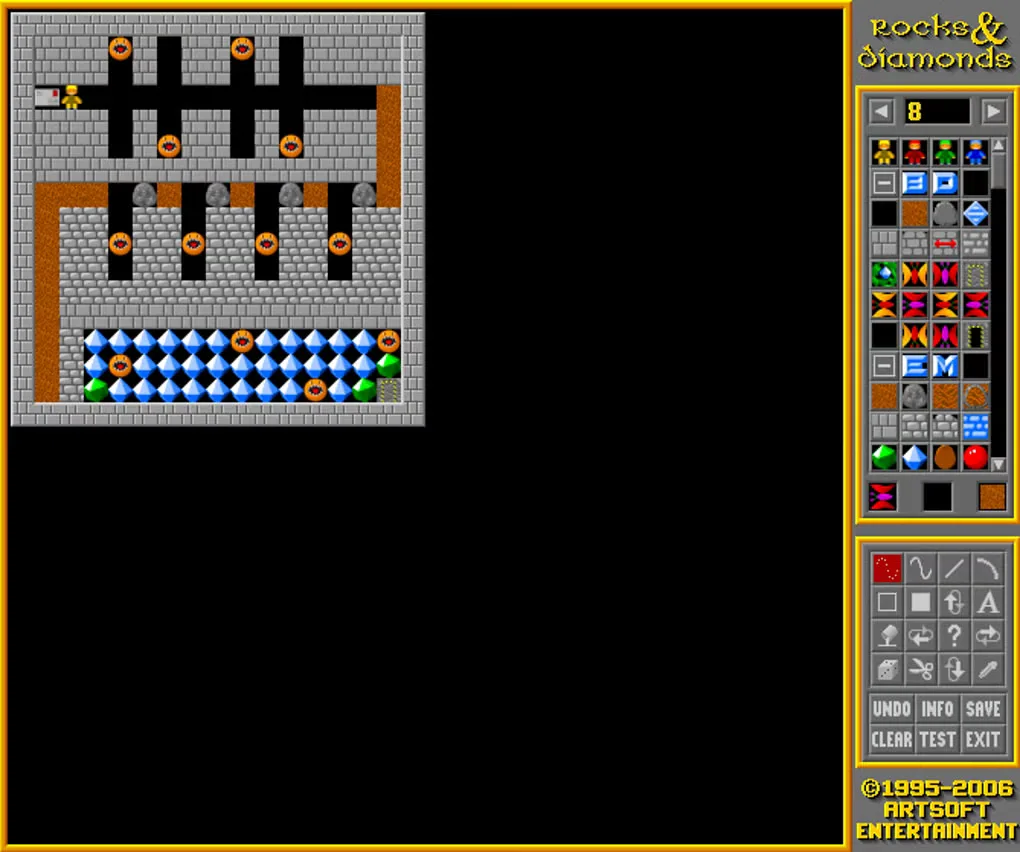 Historical Rocks'n'Diamonds level editor with a tile map, gems, rocks and an element palette on the right