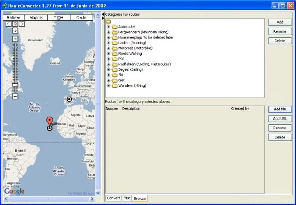 Historical RouteConverter 1.27 Windows Browse tab showing a world map, route categories and an empty route list; not the current 3.7 interface.