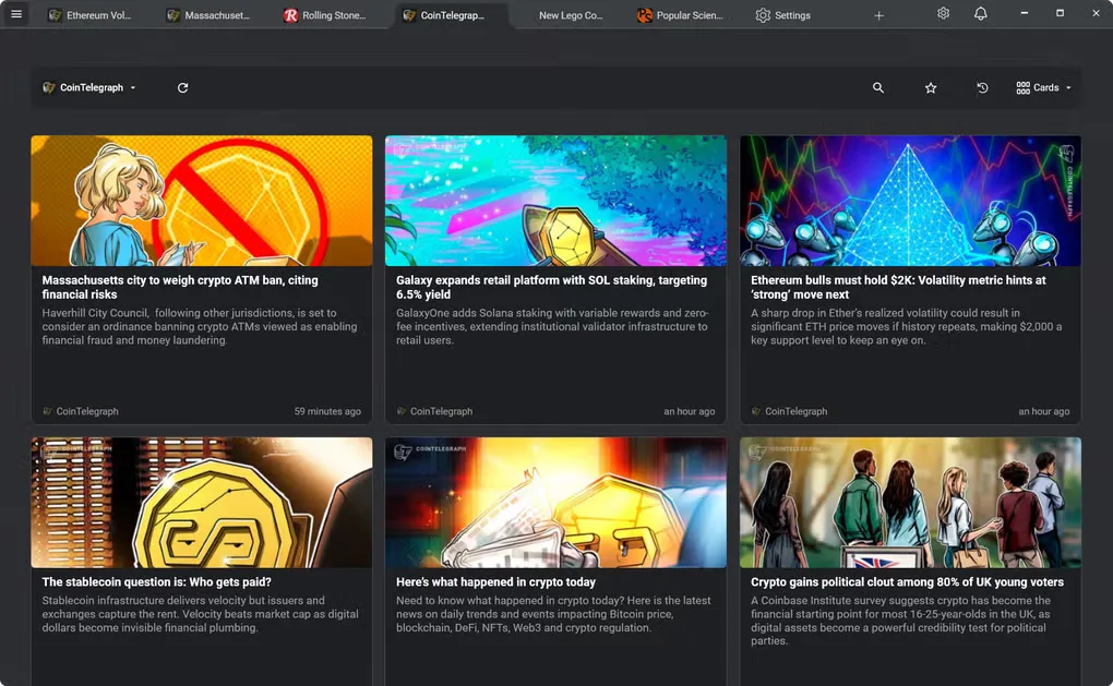 RSSly Windows reader in a dark theme with article tabs and a CoinTelegraph feed displayed as picture cards; earlier gallery interface.