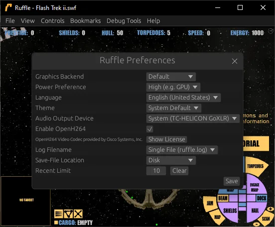 Publisher's September 2024 Windows Ruffle screenshot showing the Preferences dialog over Flash Trek II content.
