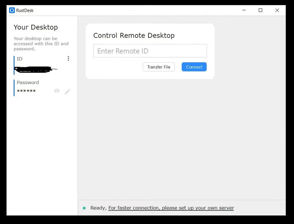RustDesk Windows desktop client showing Your Desktop, a masked ID and password, and the Control Remote Desktop connection panel.
