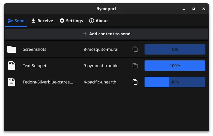 Rymdport Send tab with a folder, text snippet and ISO file, transfer codes, and progress indicators