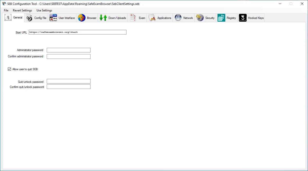 Safe Exam Browser Windows configuration tool, General pane with exam Start URL and administrator and quit password settings; publisher's older manual screenshot