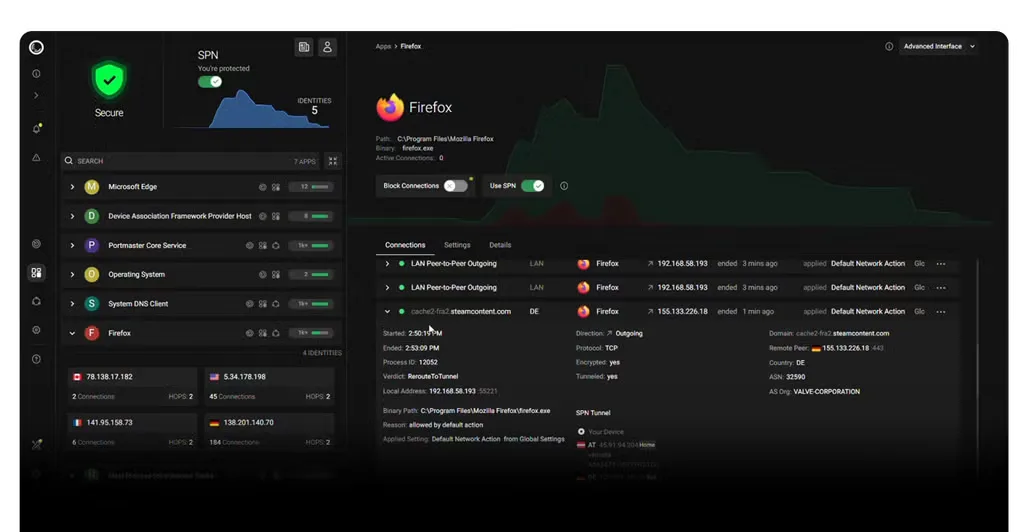 Portmaster application view showing Firefox connections, connection details and SPN enabled; paid features are pictured.