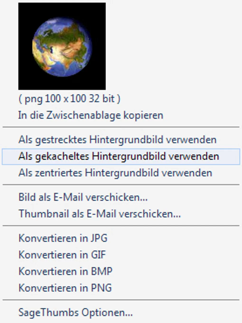 German-language SageThumbs submenu showing a globe thumbnail, wallpaper commands and JPG, GIF, BMP and PNG conversion.