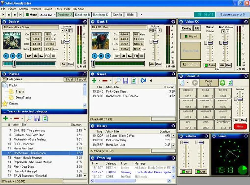 SAM Broadcaster classic Windows interface with dual decks, playlist, queue, history and voice and sound-effects panels