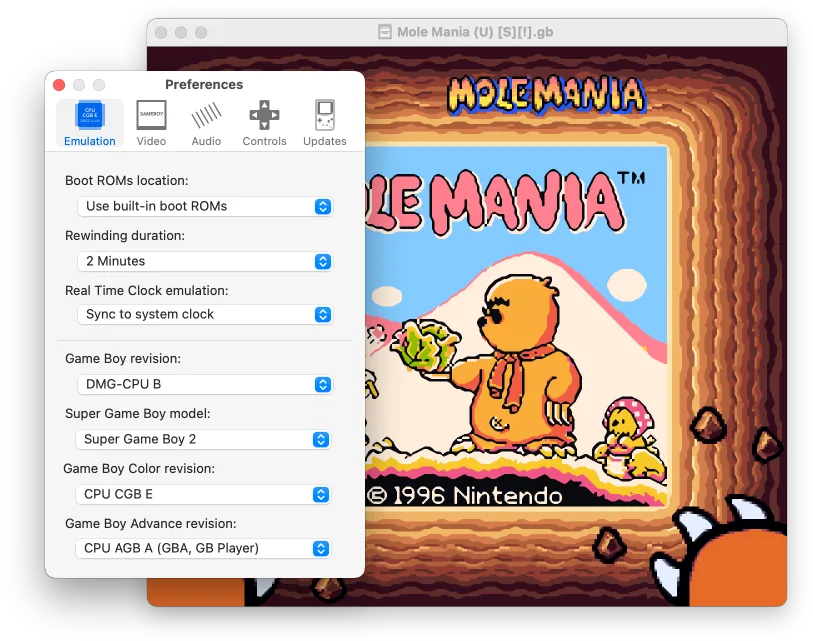 SameBoy for Mac Preferences panel over a Mole Mania game window, showing rewind, clock and emulated hardware settings