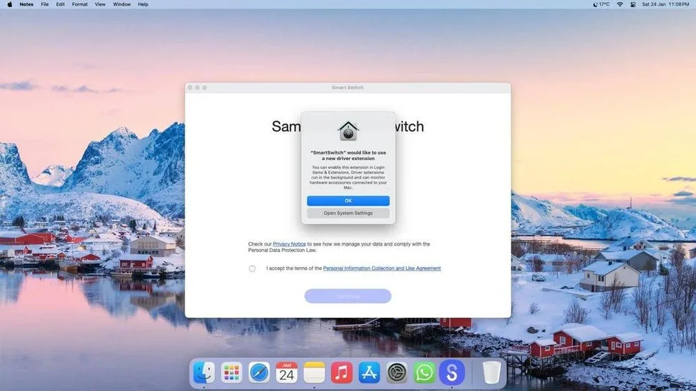 Samsung Smart Switch welcome and terms screen on Mac with a driver-extension permission prompt