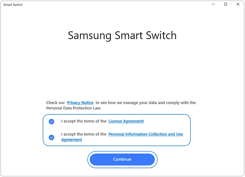 Samsung Smart Switch for Windows first-launch screen with license and personal-information agreement options and a Continue button
