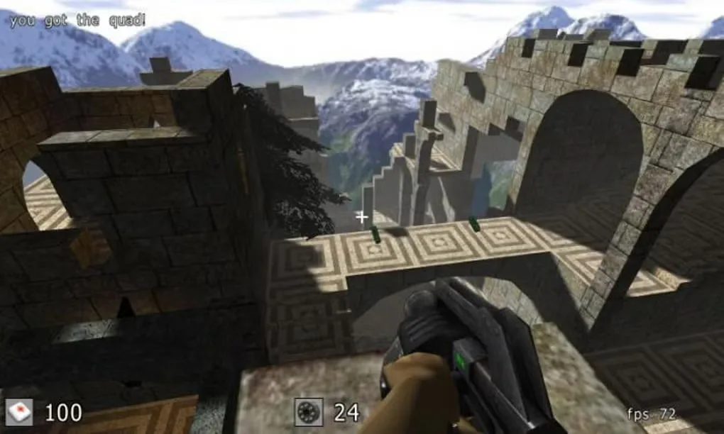 Historical Sauerbraten gallery screenshot showing a first-person weapon, crosshair and health and ammo HUD above stone bridges in a mountain arena
