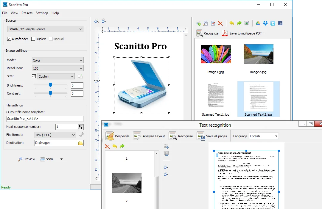 Scanitto Pro showing TWAIN scan settings, document thumbnails and an overlapping text-recognition window.