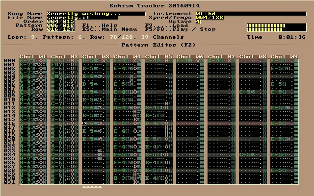 Historical Schism Tracker 20160914 pattern editor showing note and effect columns, song order and playback meters