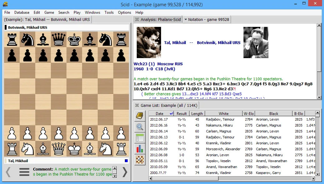 Older Scid 4.6.2 Windows interface with chessboard, annotated Tal–Botvinnik game and searchable game list.