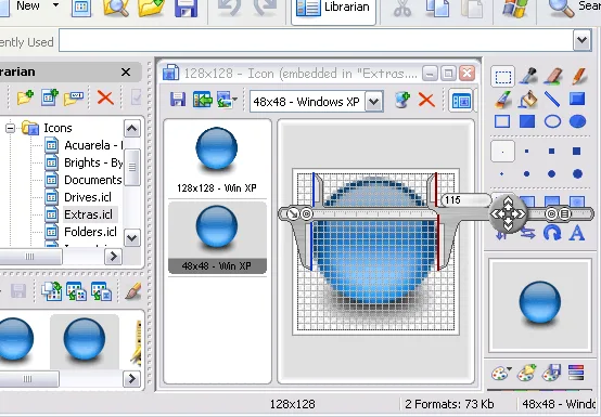 Screen Calipers measuring across a blue circular icon in a Windows image editor, with the caliper readout and controls visible.