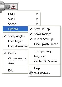 Screen Compass measurement handle with its context menu open, showing shape, units, radius, circumference and area controls.