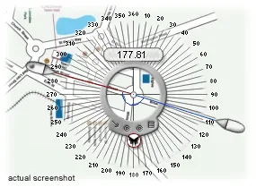 Screen Protractor's circular numeric skin and two measuring handles over a map, with a 177.81-degree readout.