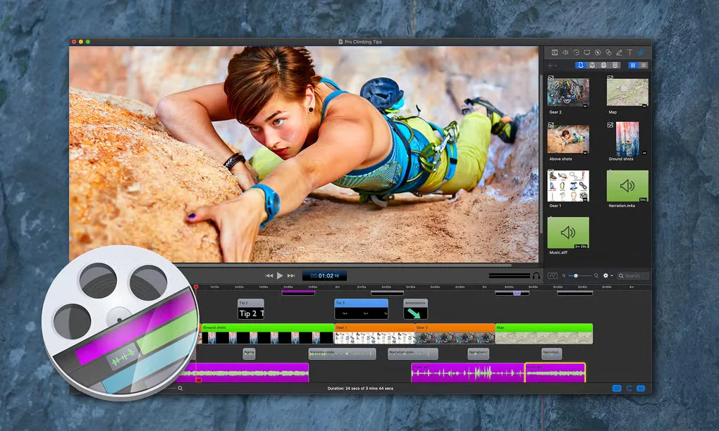 ScreenFlow editor with a climbing-video preview, media browser and multi-track audio and video timeline; publisher icon overlaid at lower left.