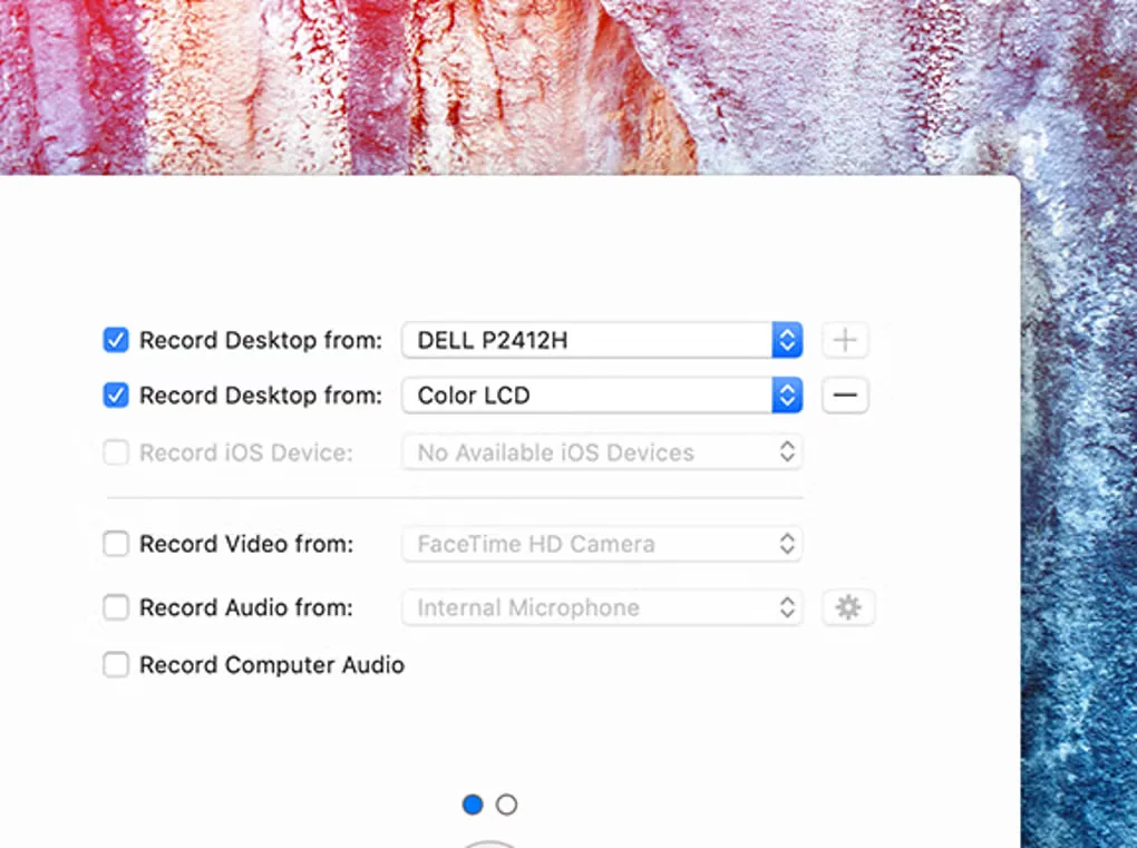 ScreenFlow recording options showing two desktop displays and camera, microphone and computer-audio controls.