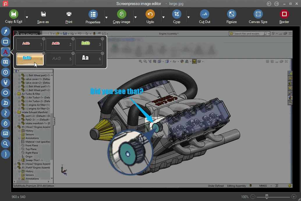 Screenpresso image editor with annotation tools, a text-style picker and an arrow and magnified detail over an engine screenshot