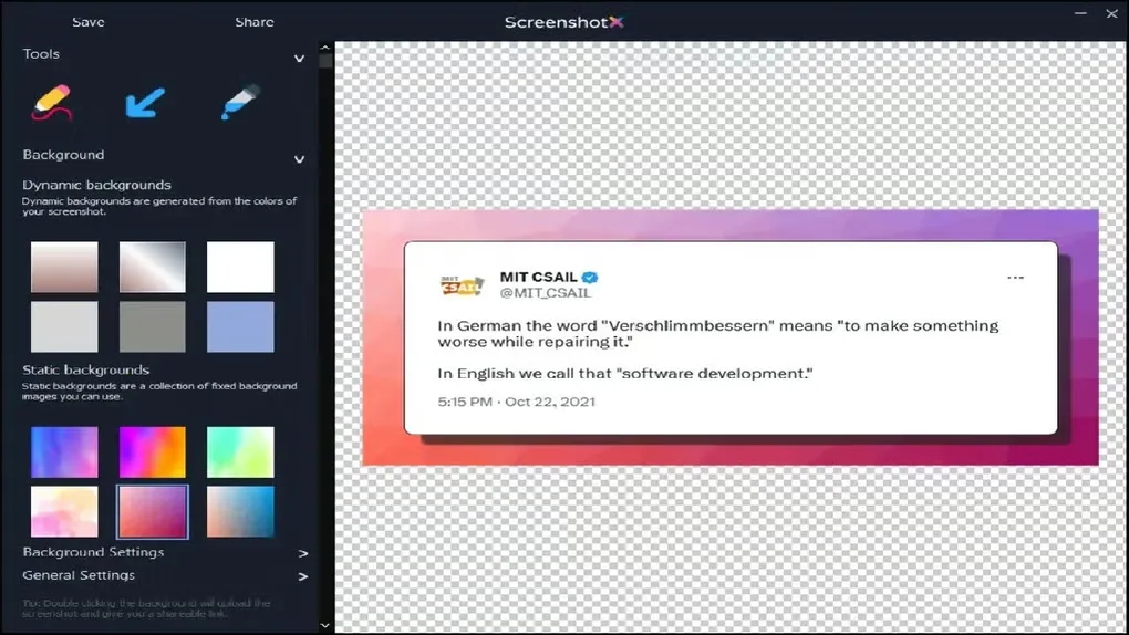 ScreenshotX editor in dark mode with drawing tools, background presets and a framed sample screenshot on a checkerboard canvas.